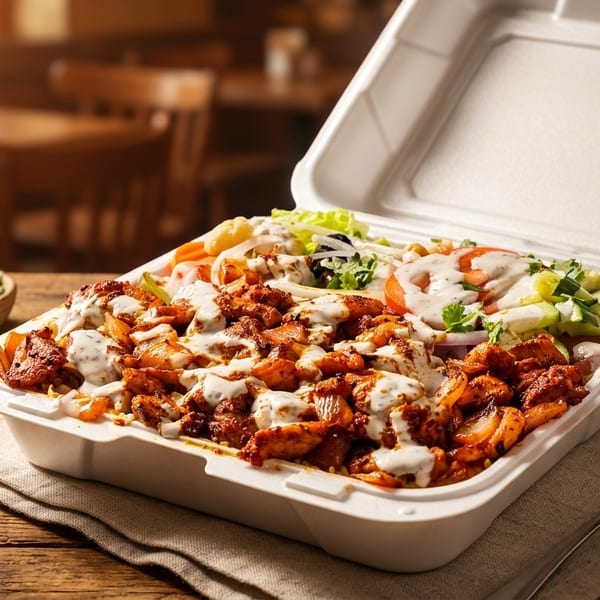 Chicken and rice platter with salad and sauce in a takeout container on a wooden table.