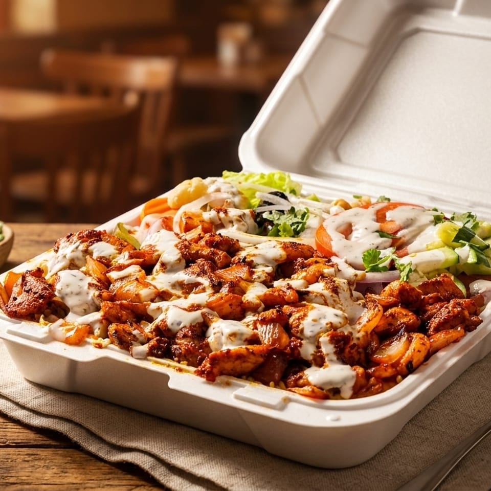 Chicken shawarma platter with rice, salad, and white sauce in a takeout container on a wooden table.