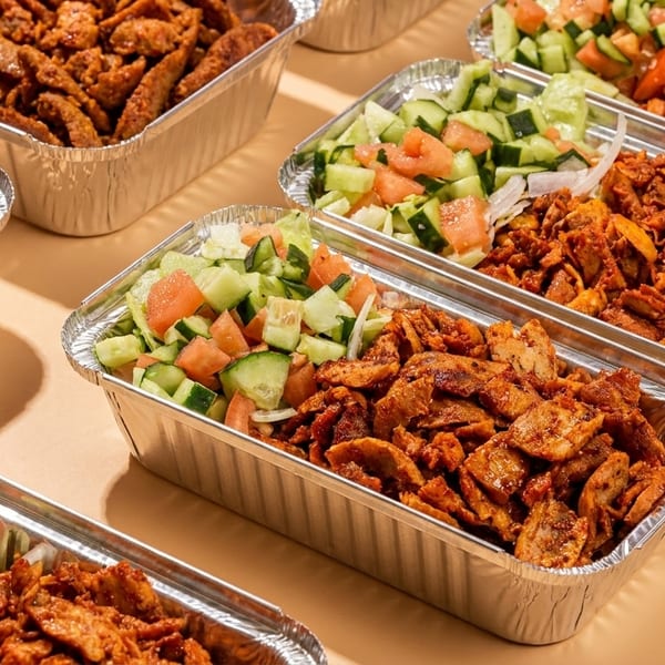 Multiple foil containers filled with seasoned meat and fresh cucumber and tomato salad.