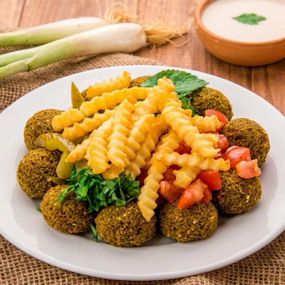 Falafel plate with crinkle-cut fries, diced tomatoes, pickles, and herbs, with sauces and scallions.