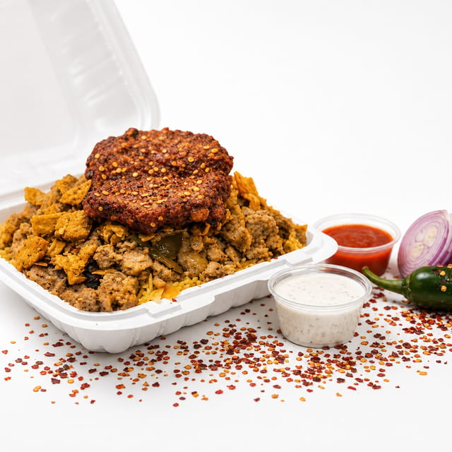 Mix Gyro with Chapli Kabab & Rice.