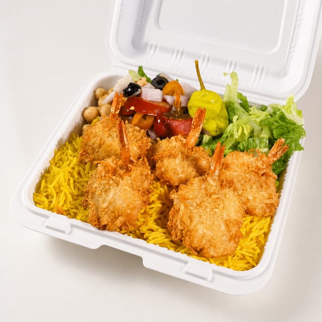 Jumbo Shrimp with Rice & Salad.