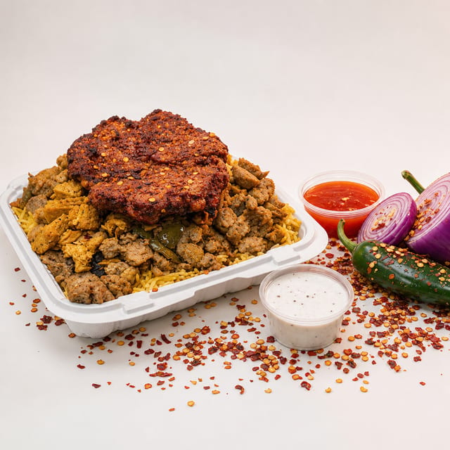 Mix Gyro with Chapli Kabab & Rice.