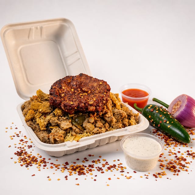 Mix Gyro with Chapli Kabab & Rice.
