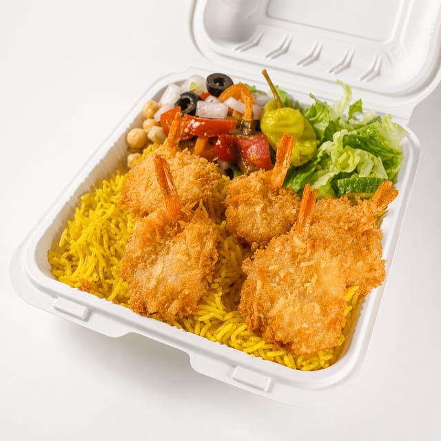 Jumbo Shrimp with Rice & Salad.