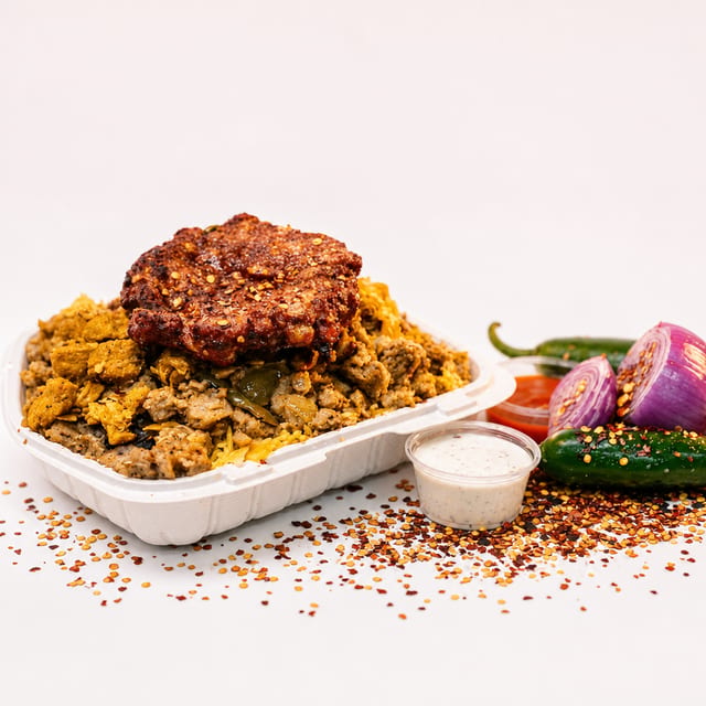 Mix Gyro with Chapli Kabab & Rice.