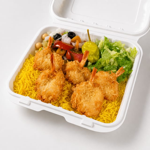 Jumbo Shrimp with Rice & Salad.